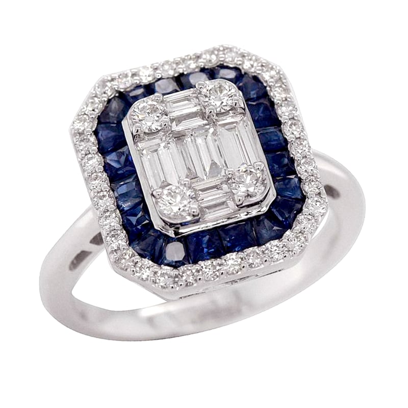 Thumbnail of Natural Baguette Diamond & Blue Sapphire In 18K White Gold Elegant Cocktail Ring image