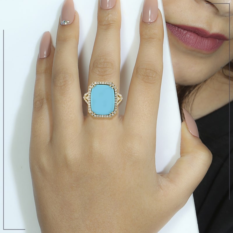 Natural Diamond Turquoise Ring In Yellow Gold Artisan Wolf Badger