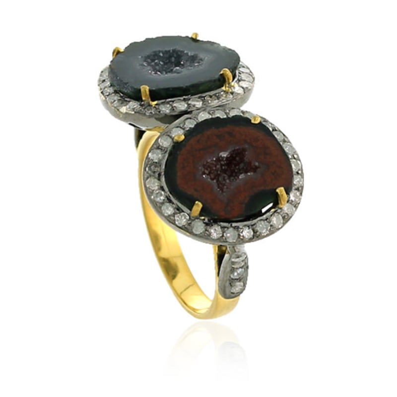 Thumbnail of Natural Geode & Pave Diamond In 18K Gold With 925 Silver Designer Cocktail Ring image