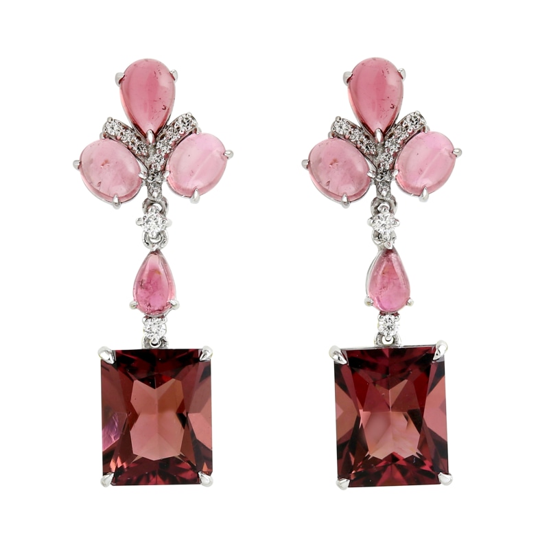 Thumbnail of Natural Octagon Shape Pink Tourmaline & Pave Diamond In 18K White Gold Dangle Earrings image