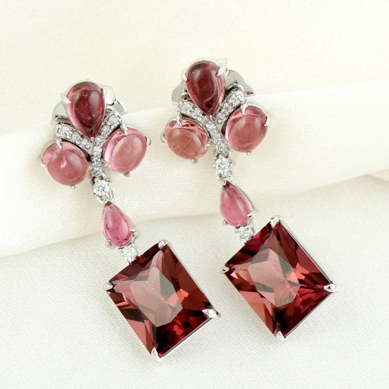 Thumbnail of Natural Octagon Shape Pink Tourmaline & Pave Diamond In 18K White Gold Dangle Earrings image