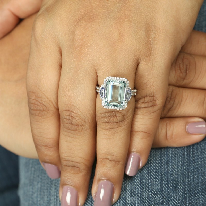 Thumbnail of Natural Tanzanite Aquamarine White Diamond Gold Cocktail Ring image