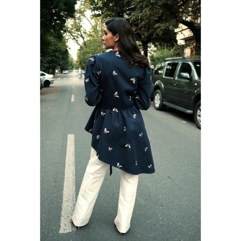 Navy Blue Jacket With Asymmetrical Lines And With Bees Embroidery