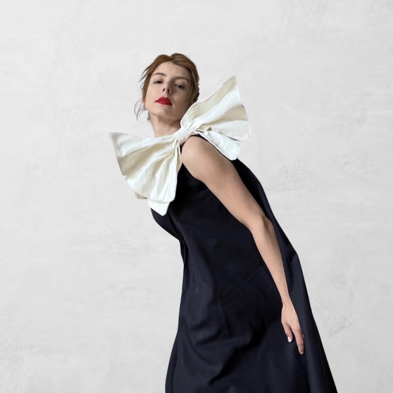 Navy Cloche Dress With One Shoulder White Bow | London Navy Cloche Dress With One Shoulder White Bow | London
