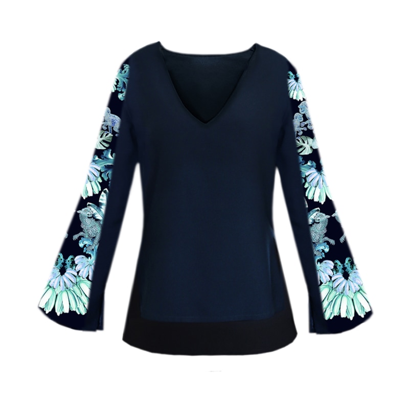 Thumbnail of Navy Crepe Blouse With Silk Printed Sleeves image