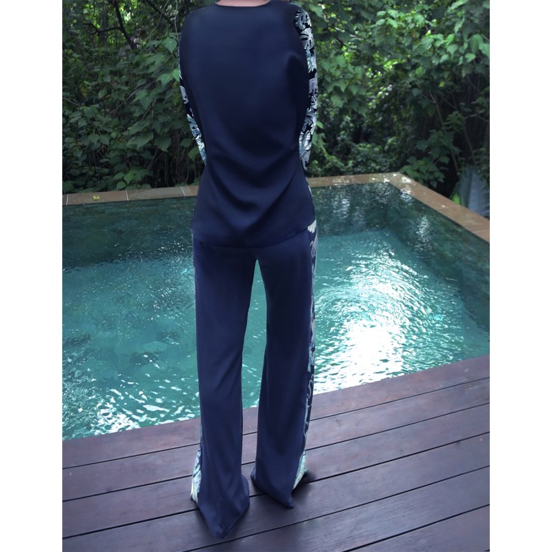 Thumbnail of Navy Crepe Trouser With Silk Printed Sides image