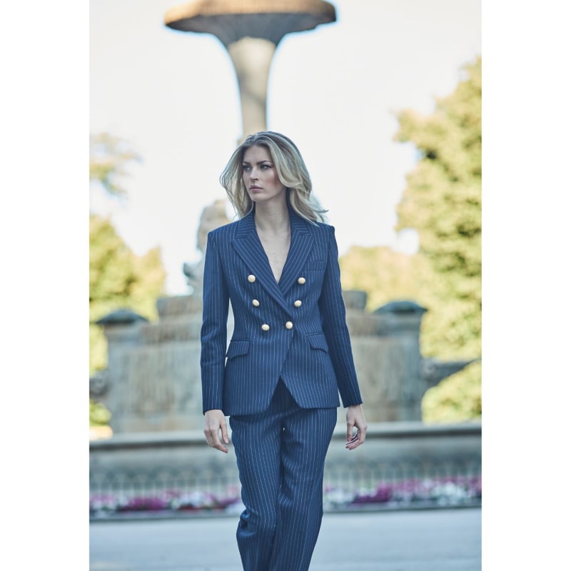 Navy pinstripe blazer womens online
