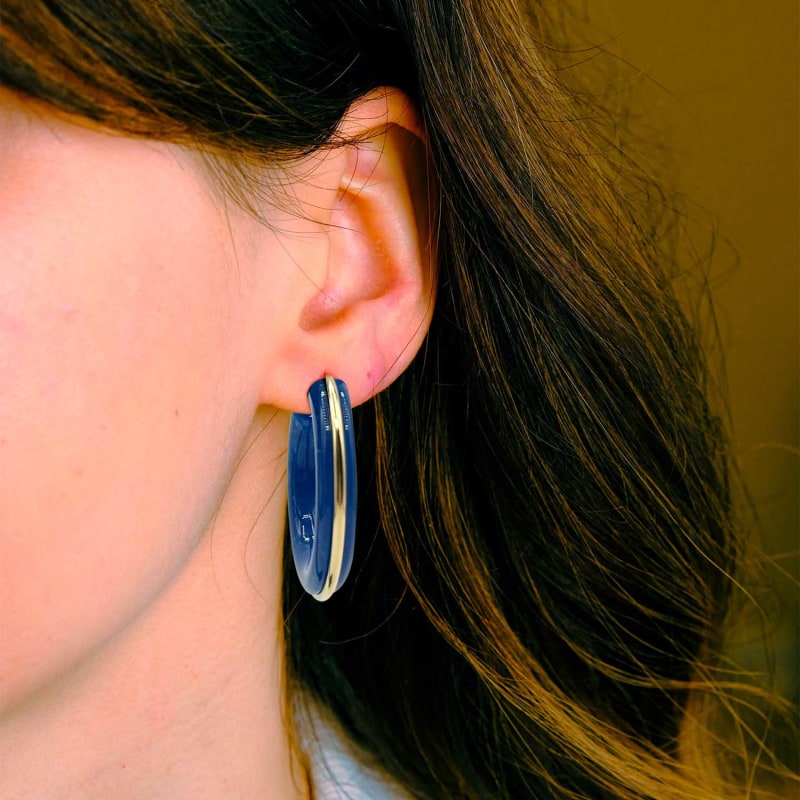 Thumbnail of Navy Resin Hoop Earrings With Gold Stripe image