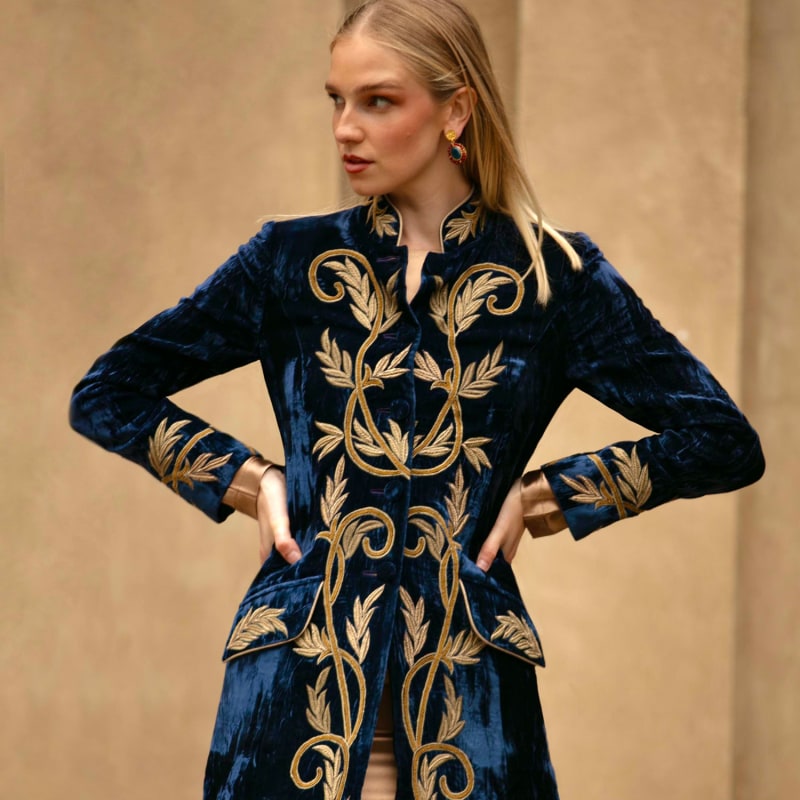 Navy Sovereign Embroidered Crushed Velvet Coat by Beatrice von Tresckow