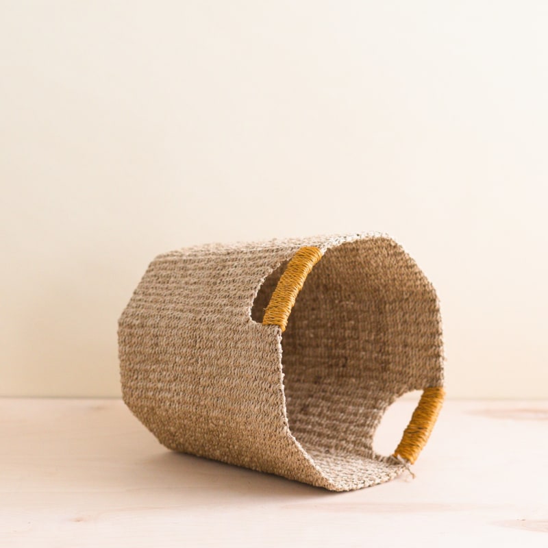 Thumbnail of Natural Octagon Basket With Mustard Handle - Handwoven Bin image