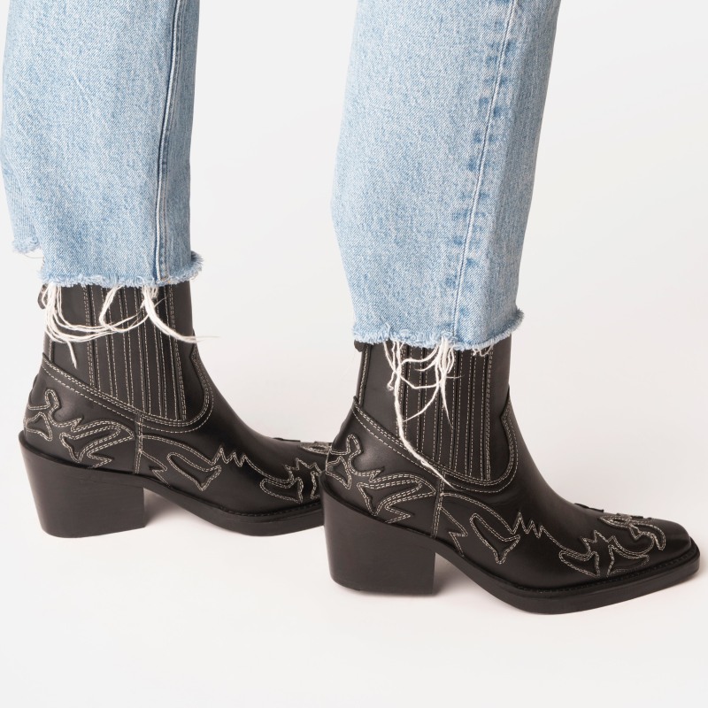 Thumbnail of Marvelo Black Western Ankle Boot With Contrast Stitch Detail image