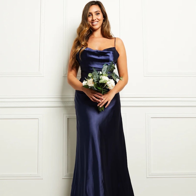 Navy satin evening dress sale