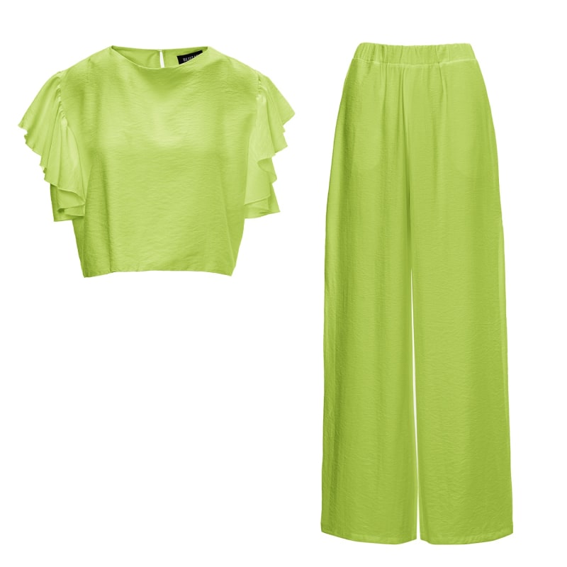 Neon Green Set With Ruffled T Shirt And Trousers With Slits