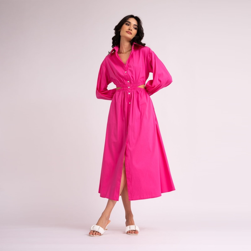 Thumbnail of Neon Pink Midi Shirt Dress With Waist Cut-Out image