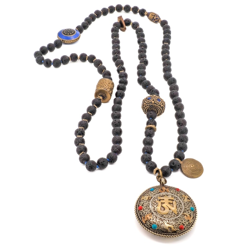 Thumbnail of Nepal Gold & Gemstone Mantra Pendant Black Beaded Spiritual Necklace - Black image