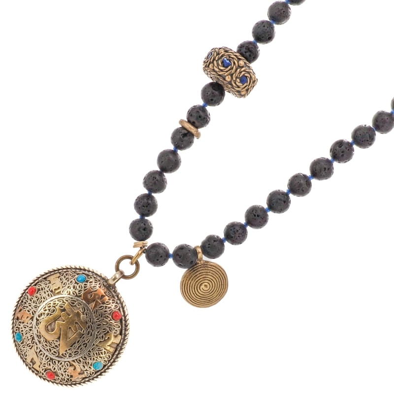 Thumbnail of Nepal Gold & Gemstone Mantra Pendant Black Beaded Spiritual Necklace - Black image