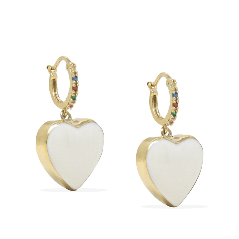 Thumbnail of Love Is A Rainbow Gold Vermeil White Heart Hoop Earrings image