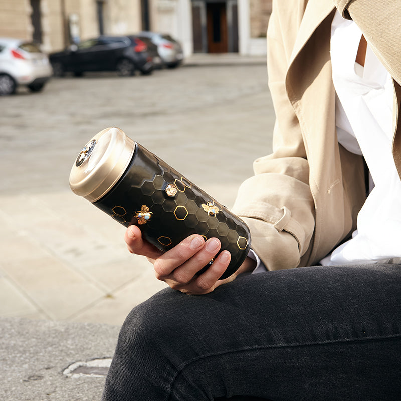 Honey Bee 12.3oz Ceramic Travel Mug (Gold) White with Hand-Painted Gold and Red Bees