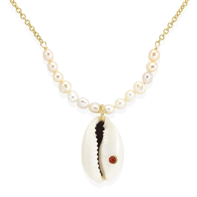 Thumbnail of Coral & Cowrie Shell Necklace With Pearls image