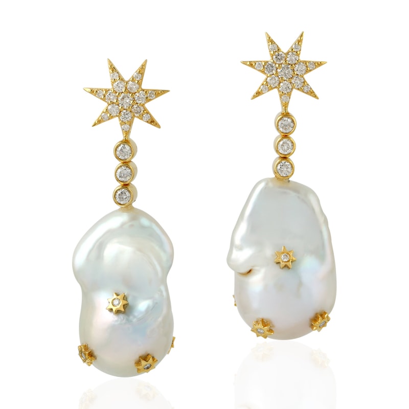 Thumbnail of Pearl Chinese & Diamond Dangle Earring In 18K Yellow Gold Handmade Jewelry image