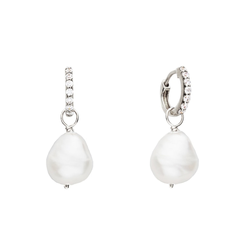 Thumbnail of Small Sterling Silver Huggie Pearl Drop Earrings image