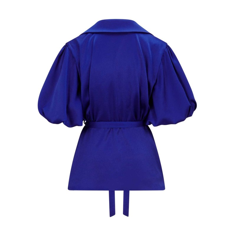 Thumbnail of Draped Puff Sleeve Belted Blouse - Royal Blue image