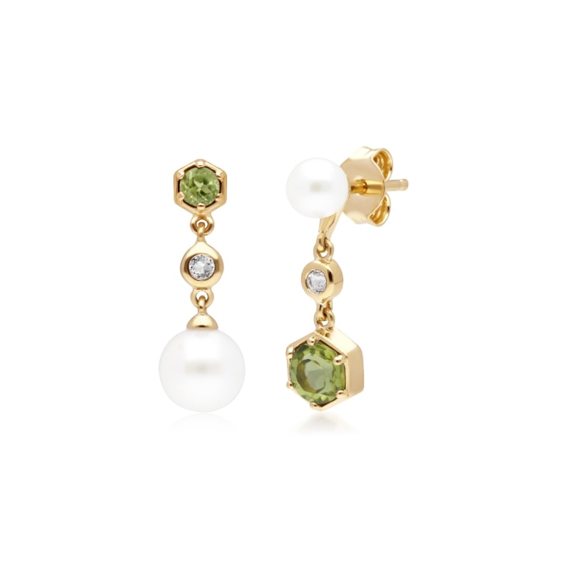 Thumbnail of Modern Pearl, Peridot & Topaz Mismatched Drop Earrings In Yellow Gold Plated Sterling Silver image