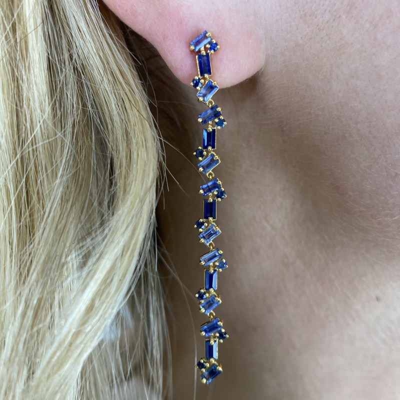 Thumbnail of Blue Sapphire Baguette & Emerald Rounds Earring In 18K Yellow Gold image