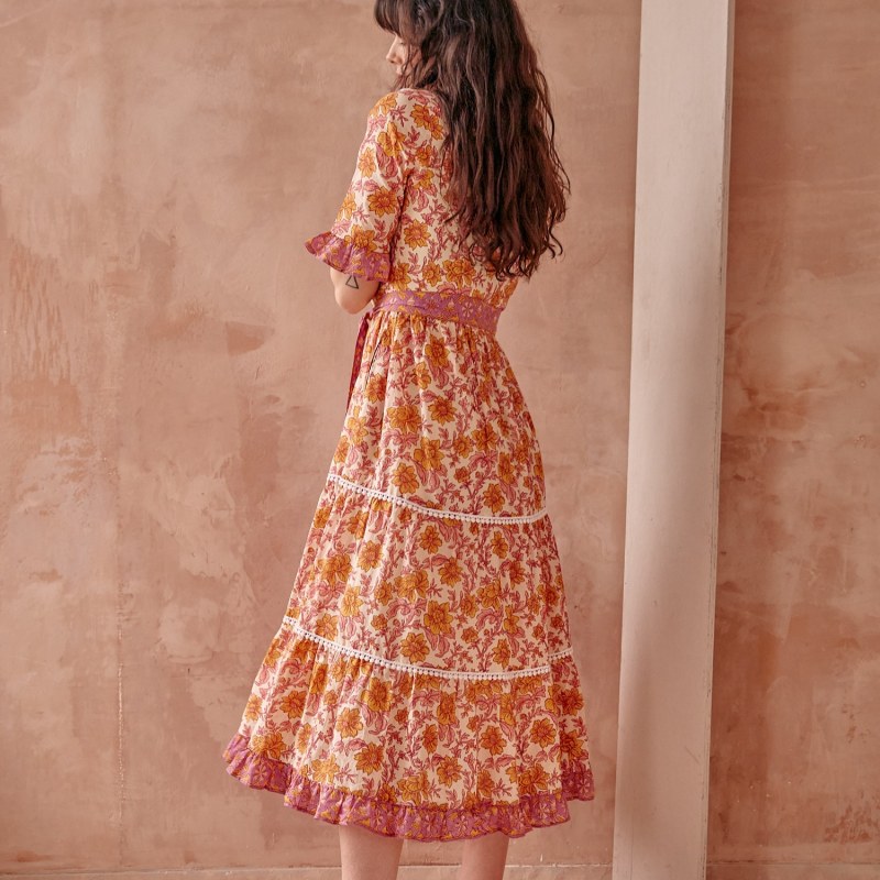 Thumbnail of Noemi Yellow Floral Block Print Cotton Midi Dress image