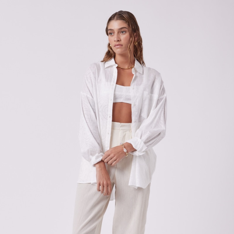 Thumbnail of Nonchalant Oversized Cotton Shirt Bralette Set With Broderie Anglaise Pattern - White image