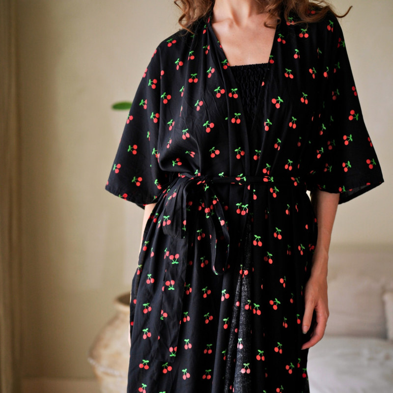 Thumbnail of Nostalgic Cherry-Print Travel Kimono Duster image