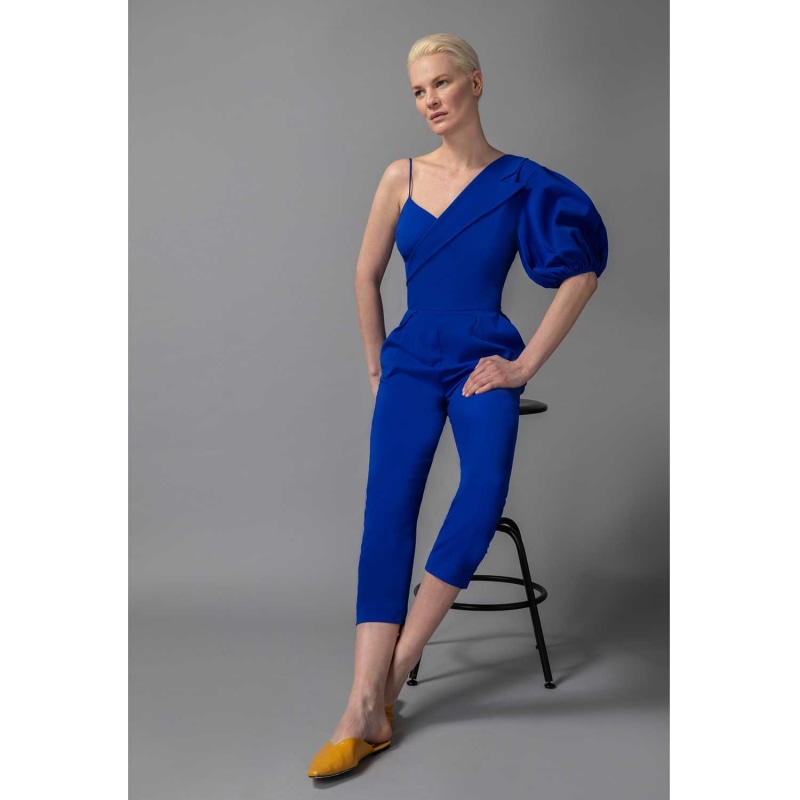 Thumbnail of Peak Lapel Puff Sleeve Cotton Jumpsuit - Royal Blue image