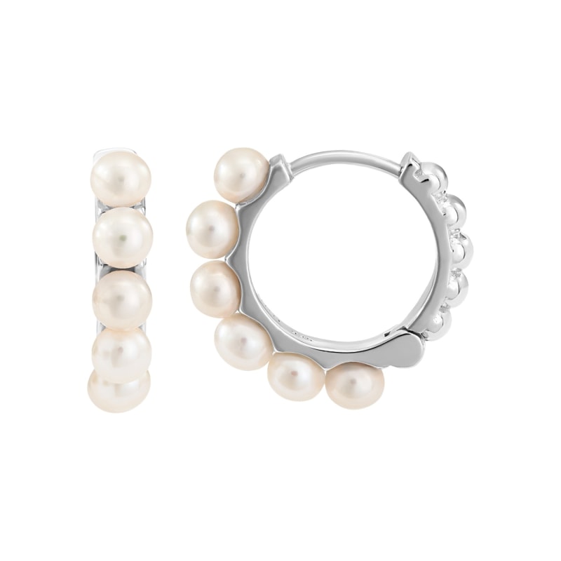 Thumbnail of Silver Medium White Pearl Huggie Hoops image