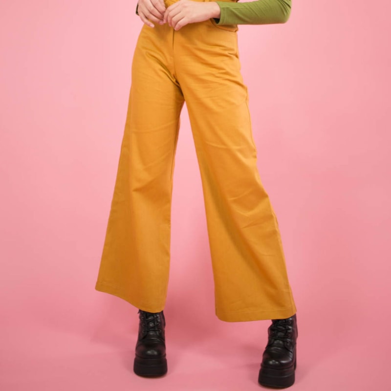 Wide Leg Crop Pants In Mustard With Love Heart Pockets Hew Wolf Badger