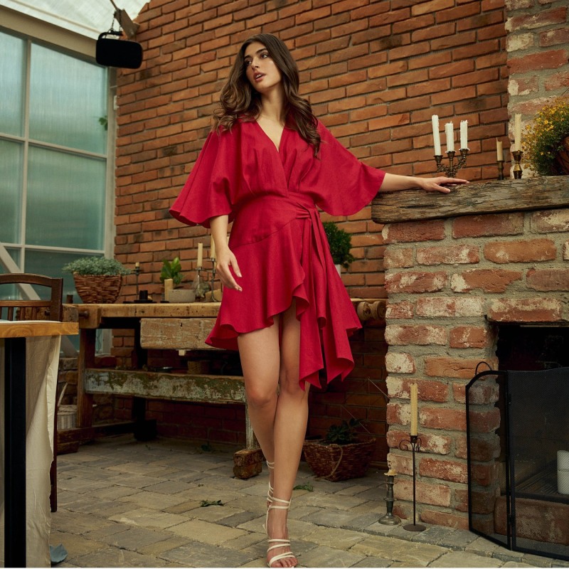 Thumbnail of Fiorella Mini Wrap Dress In Raspberry image