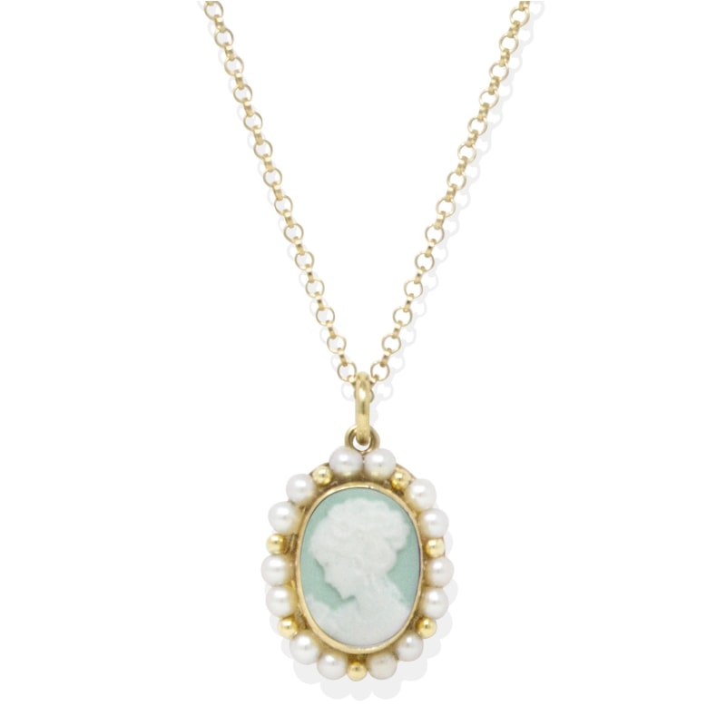 Thumbnail of Little Lovelies Gold-Plated Green Cameo Pearly Necklace image