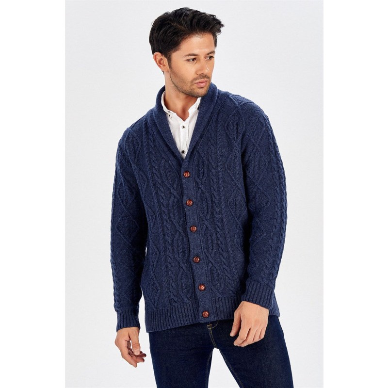 Thumbnail of Shawl Collar Cashmere Blend Cable Knit Men's Cardigan - Indigo image