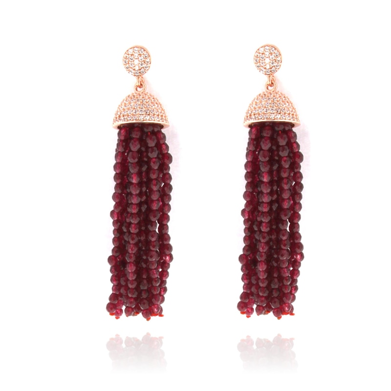 Sterling Silver Red Jade Tassel Earrings in Rose Gold Cosanuova Wolf Badger