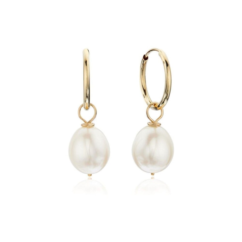 Thumbnail of Solid Gold Large Pearl Drop Hoop Earrings image