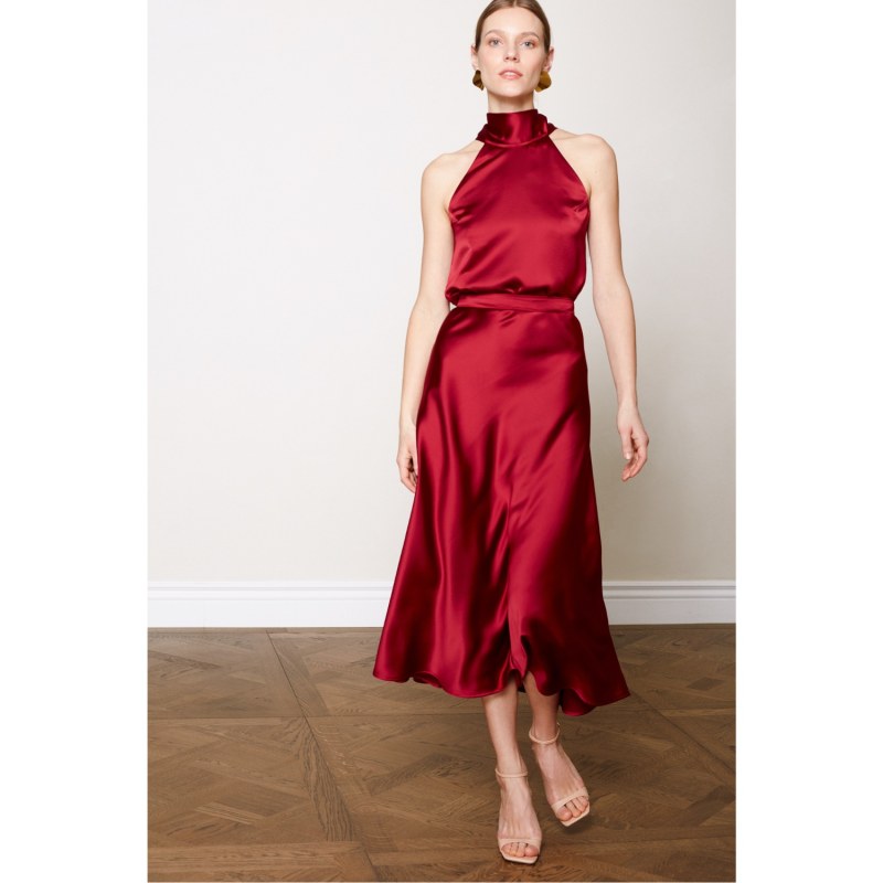Red halter midi dress clearance