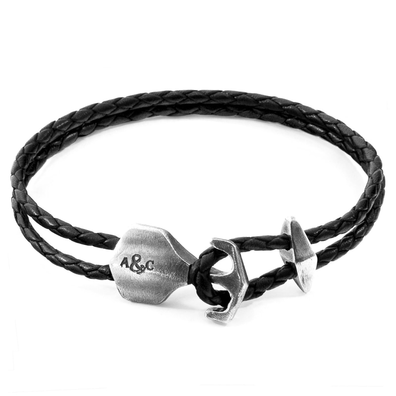 Thumbnail of Coal Black Delta Anchor Silver & Braided Leather Bracelet image