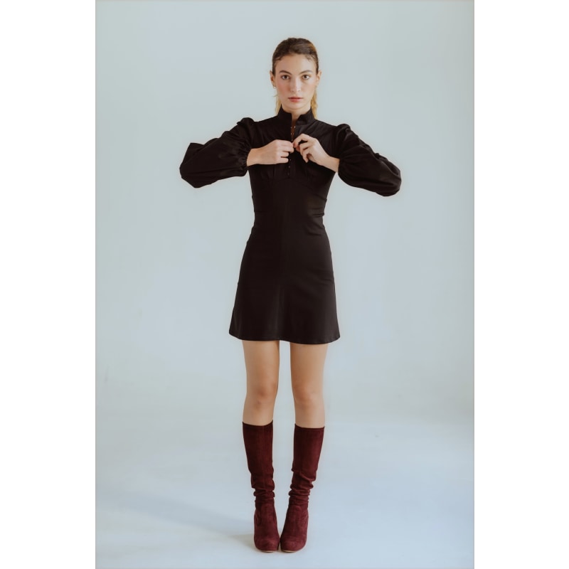 Thumbnail of Jane High Neck Empire Mini Dress With Hook & Eye Detail & Blouson Sleeves In Black Cotton image