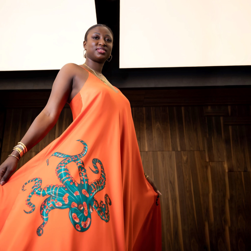 Fire Orange Octopus Print Satin Bias Cut Maxi Dress With Spaghetti Straps, Janara Jones