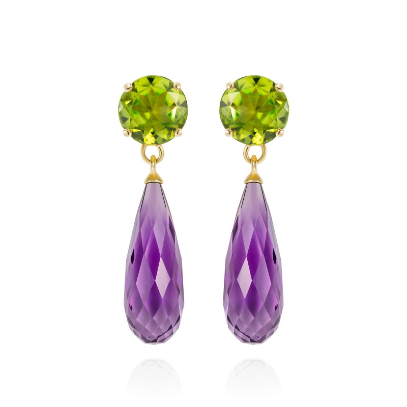 Thumbnail of Purple Amethyst & Peridot Gold Drop Earrings image