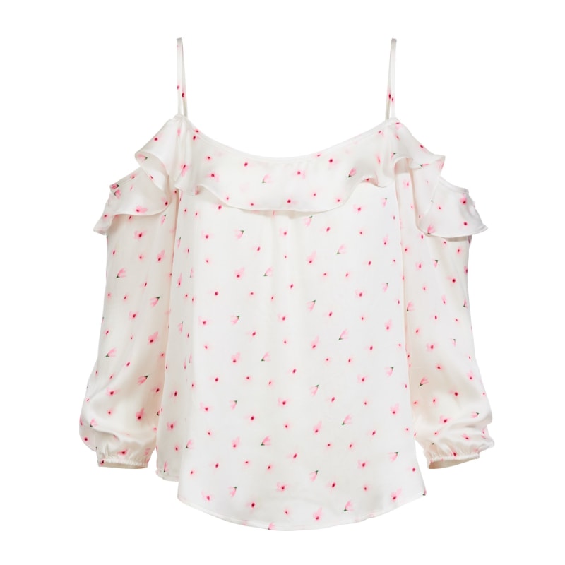 Thumbnail of Lumi - White & Pink Printed Organic Silk Blouse With Cold Shoulders image