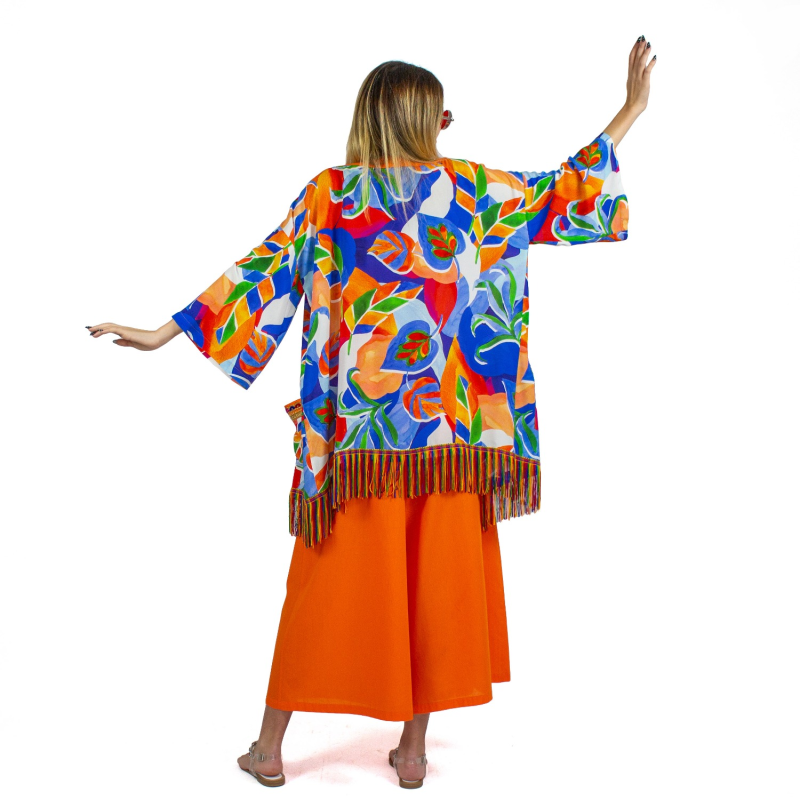 Thumbnail of Colorful Leaf Print Midi Kimono With Embroidery Borders image