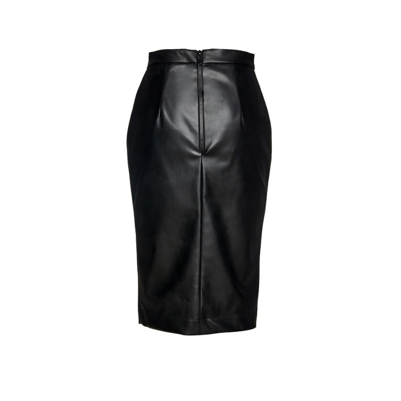 Black Faux Leather Pencil Skirt Front Slit | Conquista | Wolf & Badger