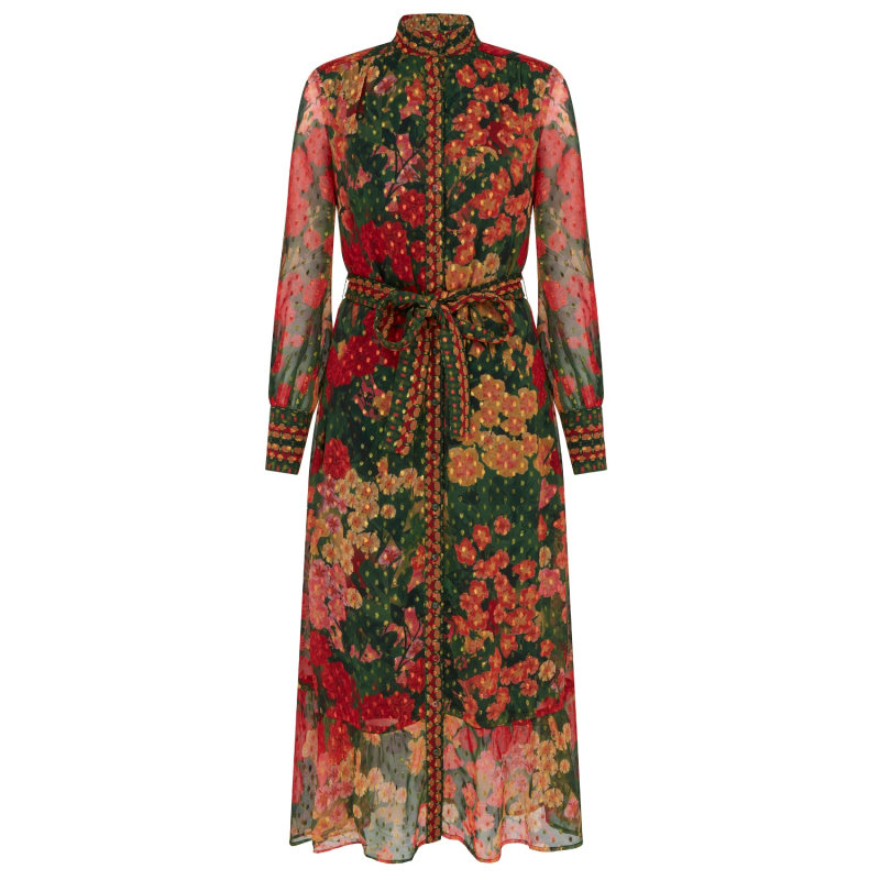 Olive Floral Long sleeve belted shirt Midi dress in dark orange and green Dress by Raishma