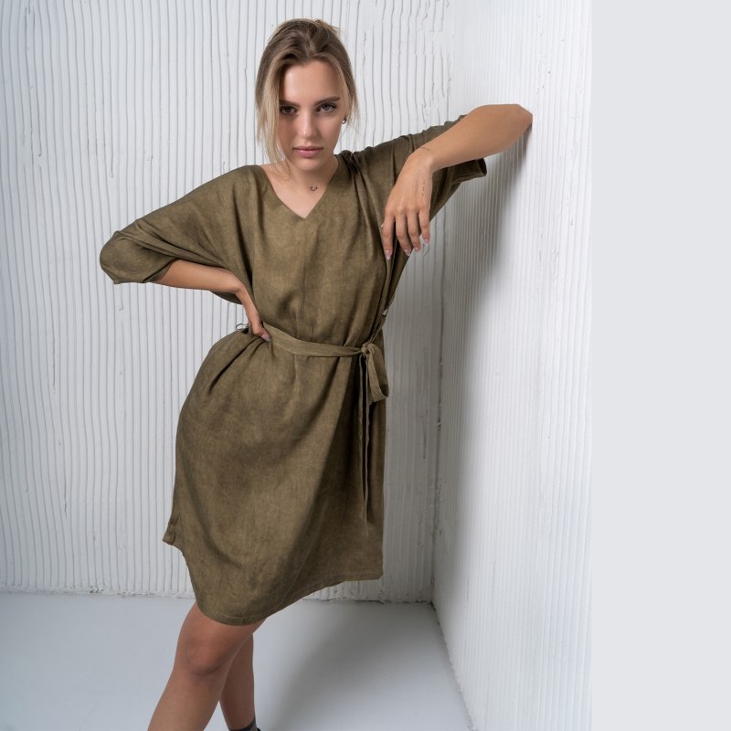 Thumbnail of Olive Green Plain Short Kaftan Dress image