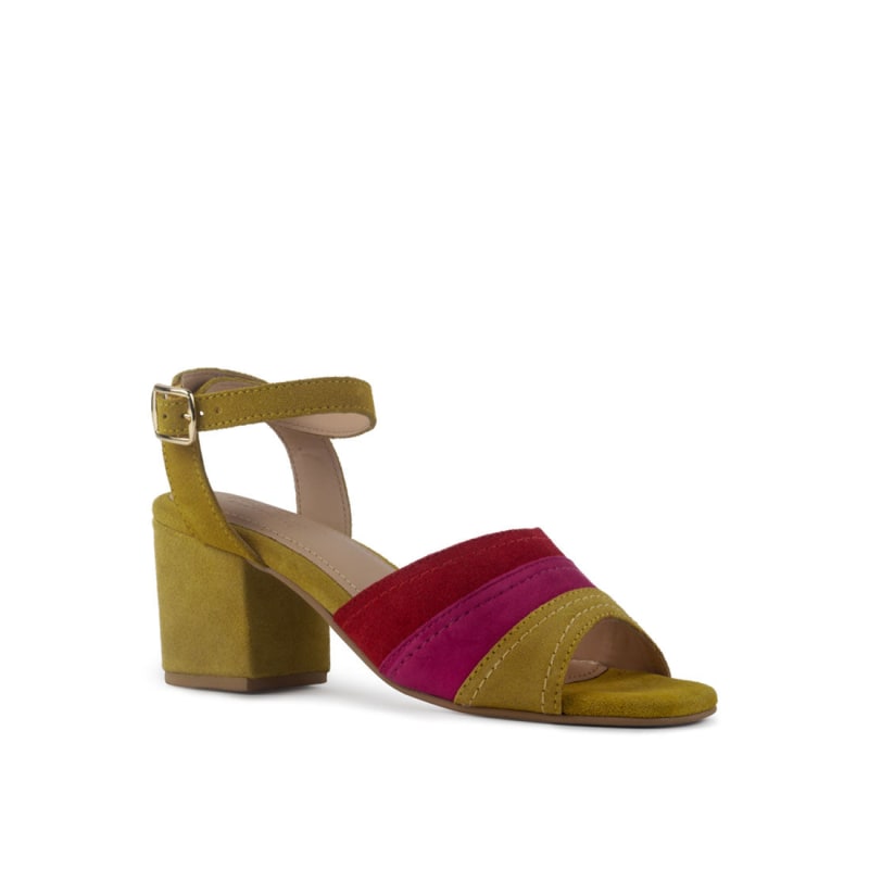 yellow suede block heels